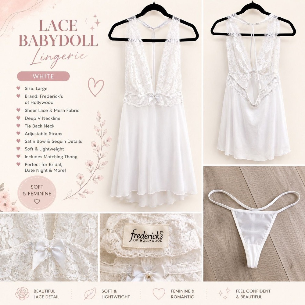 Frederick's of Hollywood White Lace Babydoll Lingerie Set w/Matching Thong Large